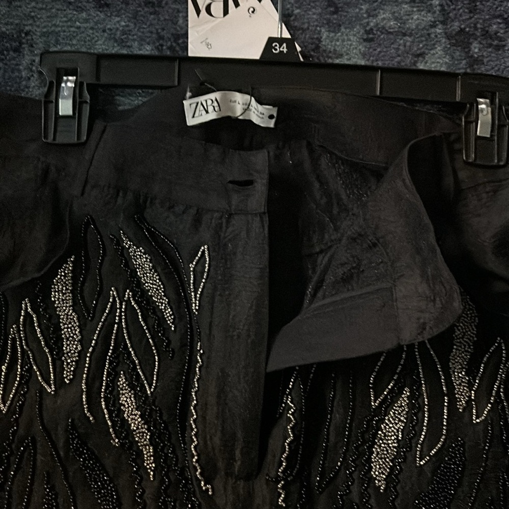 Zara (NWT) Beaded & Hand Embroidered 4-Pocket Sheer Black Pants - Sz Large